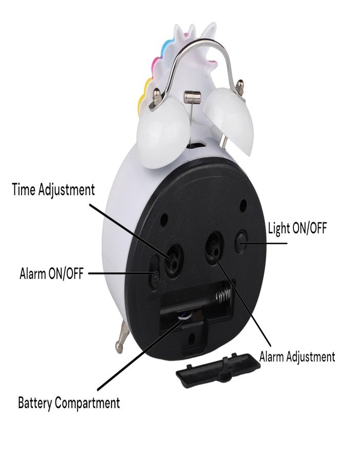 De'rons Twin Bell Analog Table Alarm Clock with Backlight for Heavy Sleepers Loud Alarm Clock for Students Funny Cute Cartoon Unicorn Shape Alarm Clock for Girls Kids Boys Bedroom 13.5 x 10 cm (White) - Image 4
